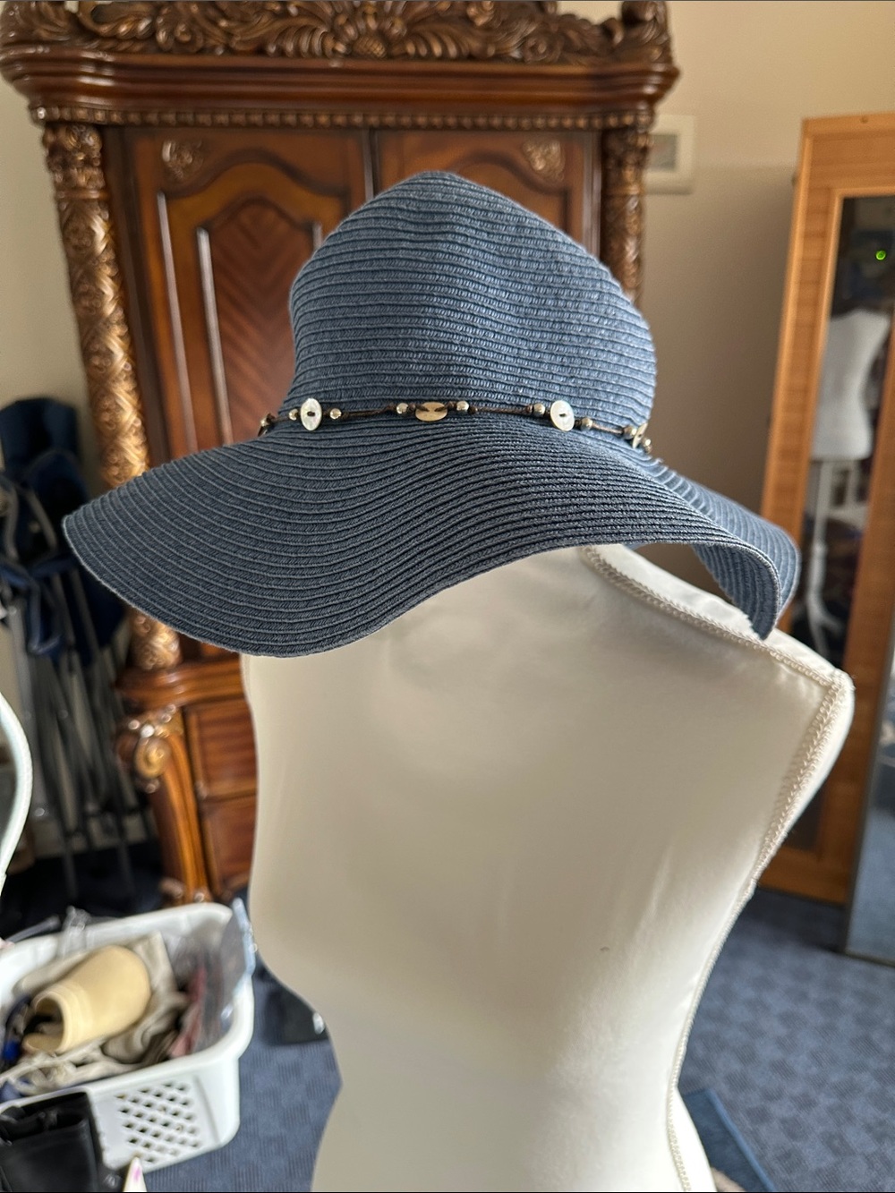 Broner Navy Wide Brim Sun Hat with Beaded Trim